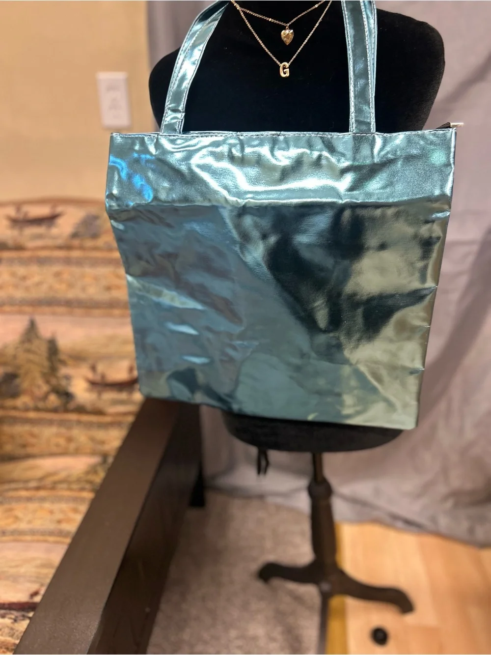 Metallic Teal Tote Bag - Women's Shiny Shoulder Bag